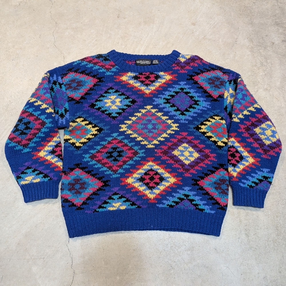VTG 90s Nordstrom Hand Knit Wool Sweater Men's M Aztec Pattern Blue